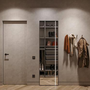 Интерьер гардеробной с зеркалом в нише и зеркалом на двери  смотреть на Basicdecor