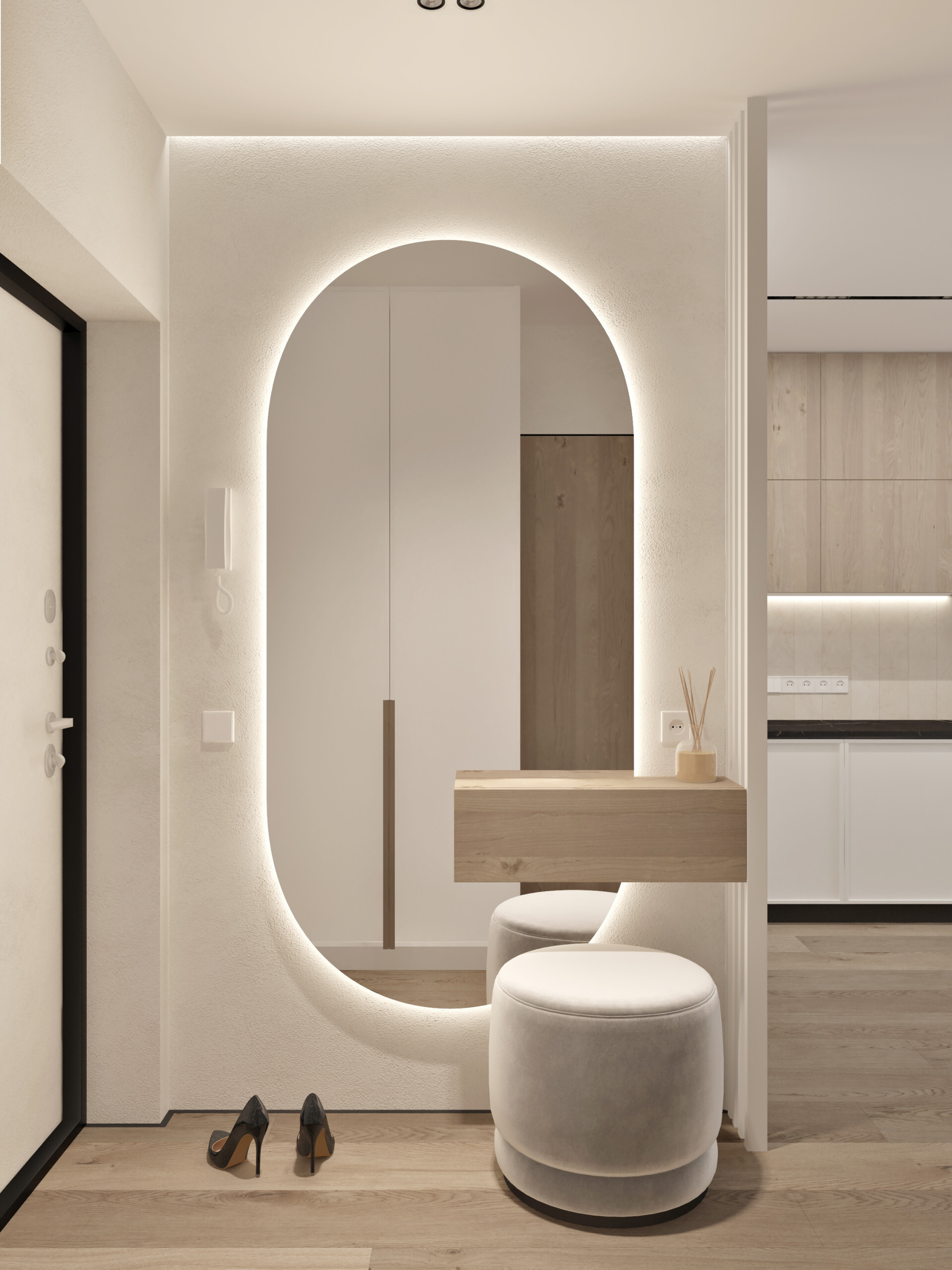Интерьер ванной cветовыми линиями, ресепшном, зеркалом на двери, рейками с подсветкой, подсветкой настенной и подсветкой светодиодной в современном стиле