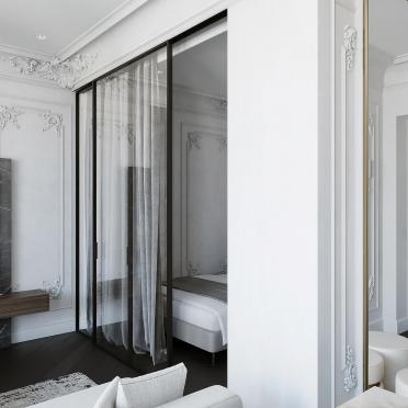 Интерьер спальни с зонированием шторами  смотреть на Basicdecor