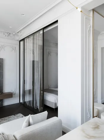 Интерьер спальни с зонированием шторами  смотреть на Basicdecor