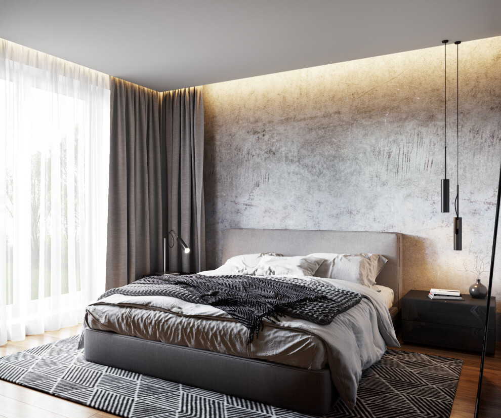Интерьер спальни cветовыми линиями, бра над кроватью, подсветкой настенной и светильниками над кроватью в современном стиле и в стиле лофт