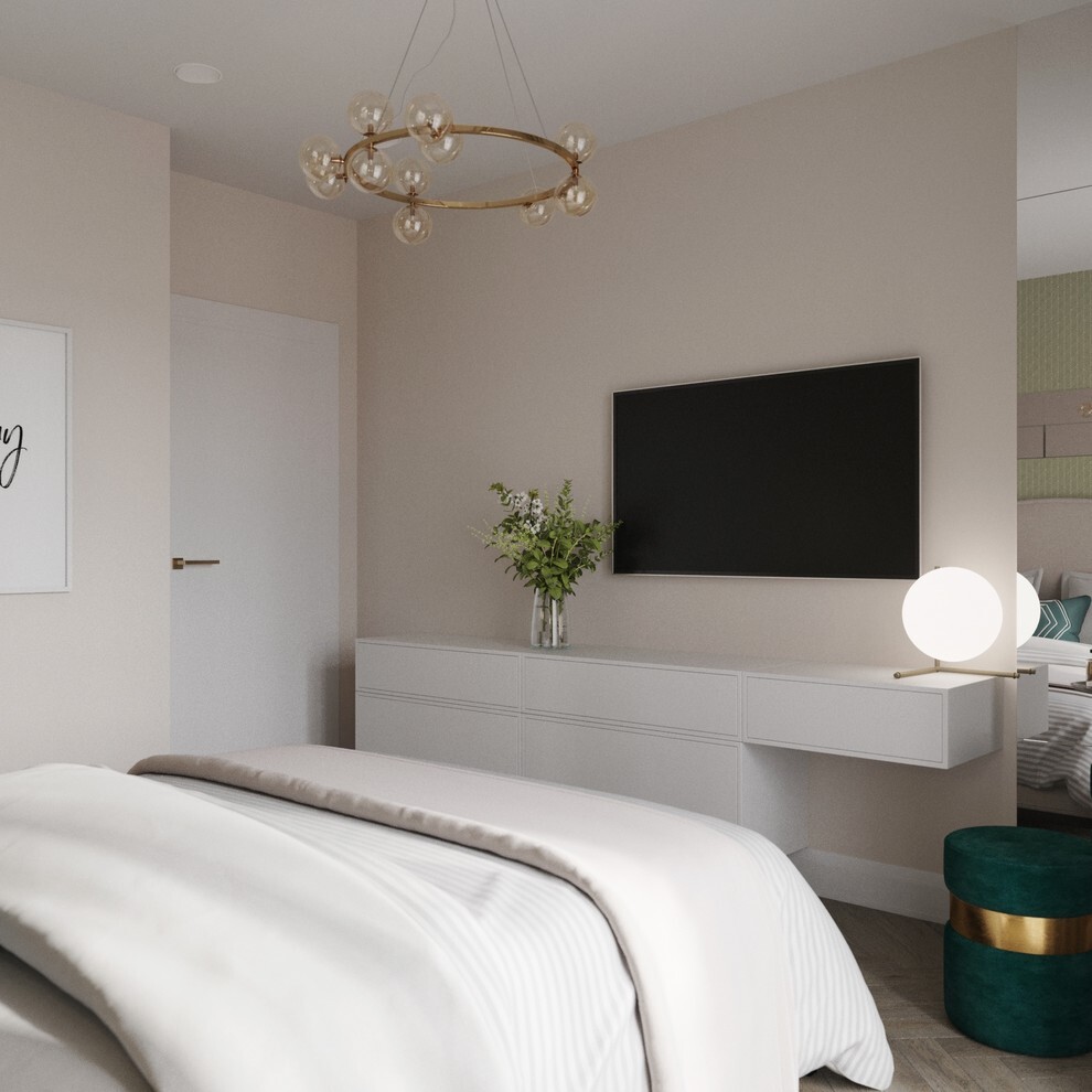 Интерьер спальни cветовыми линиями, подсветкой настенной, подсветкой светодиодной и светильниками над кроватью в модернизме