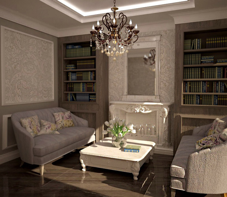 Интерьер гостиной с подсветкой настенной в классическом стиле