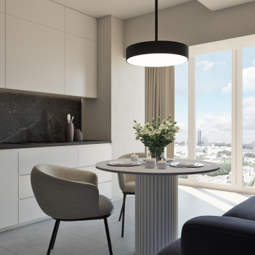 Интерьер кухни cветильниками над столом  смотреть на Basicdecor