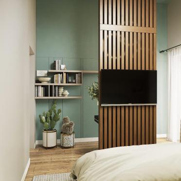 Интерьер спальни с зонированием рейками  смотреть на Basicdecor