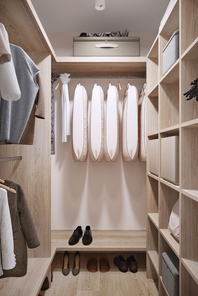 Интерьер гардеробной с хранением верхней одежды в современном стиле