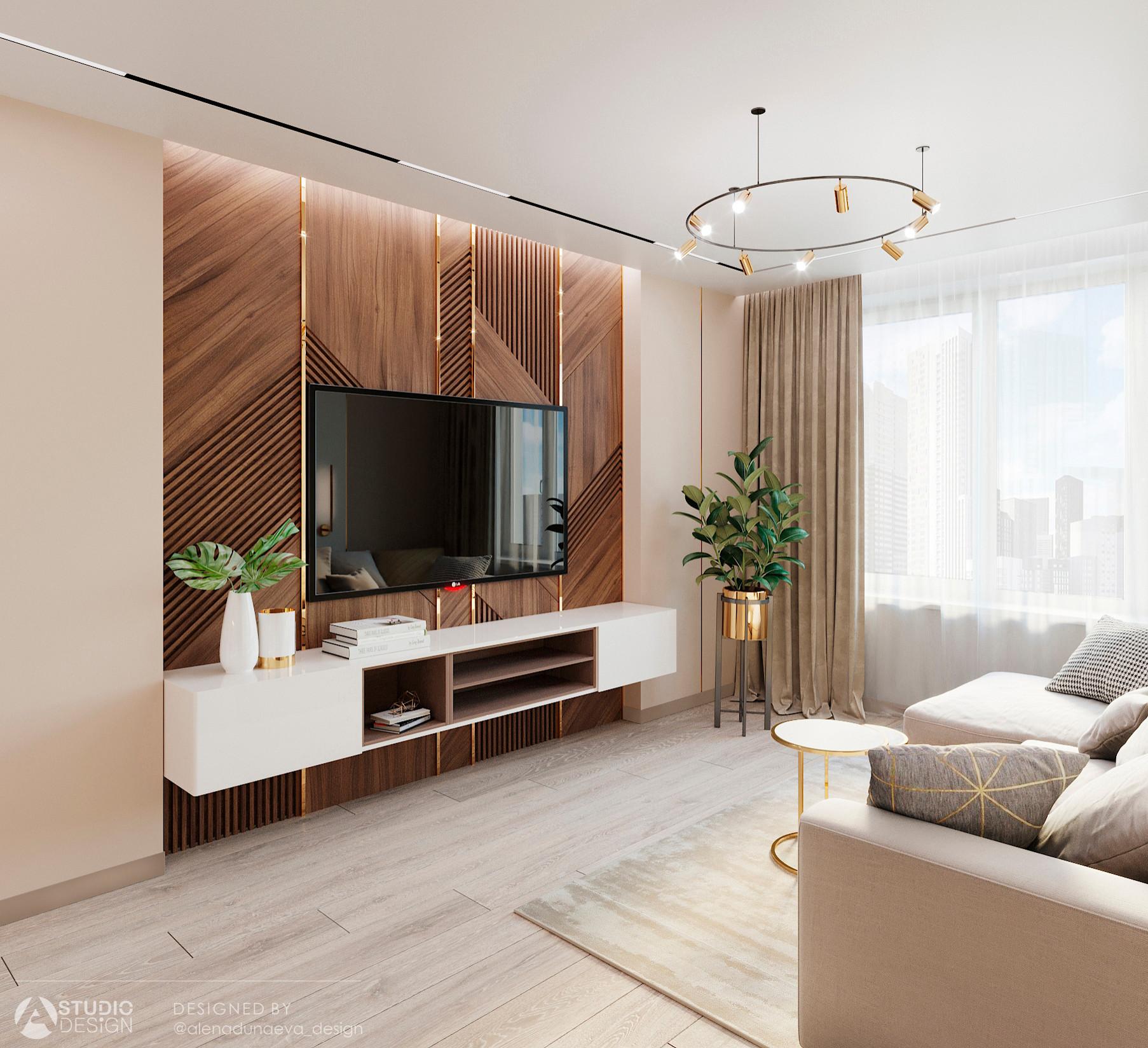 Интерьер гостиной с панно за телевизором, стеной с телевизором, телевизором на рейках, телевизором на стене и керамогранитом на стену с телевизором в современном стиле