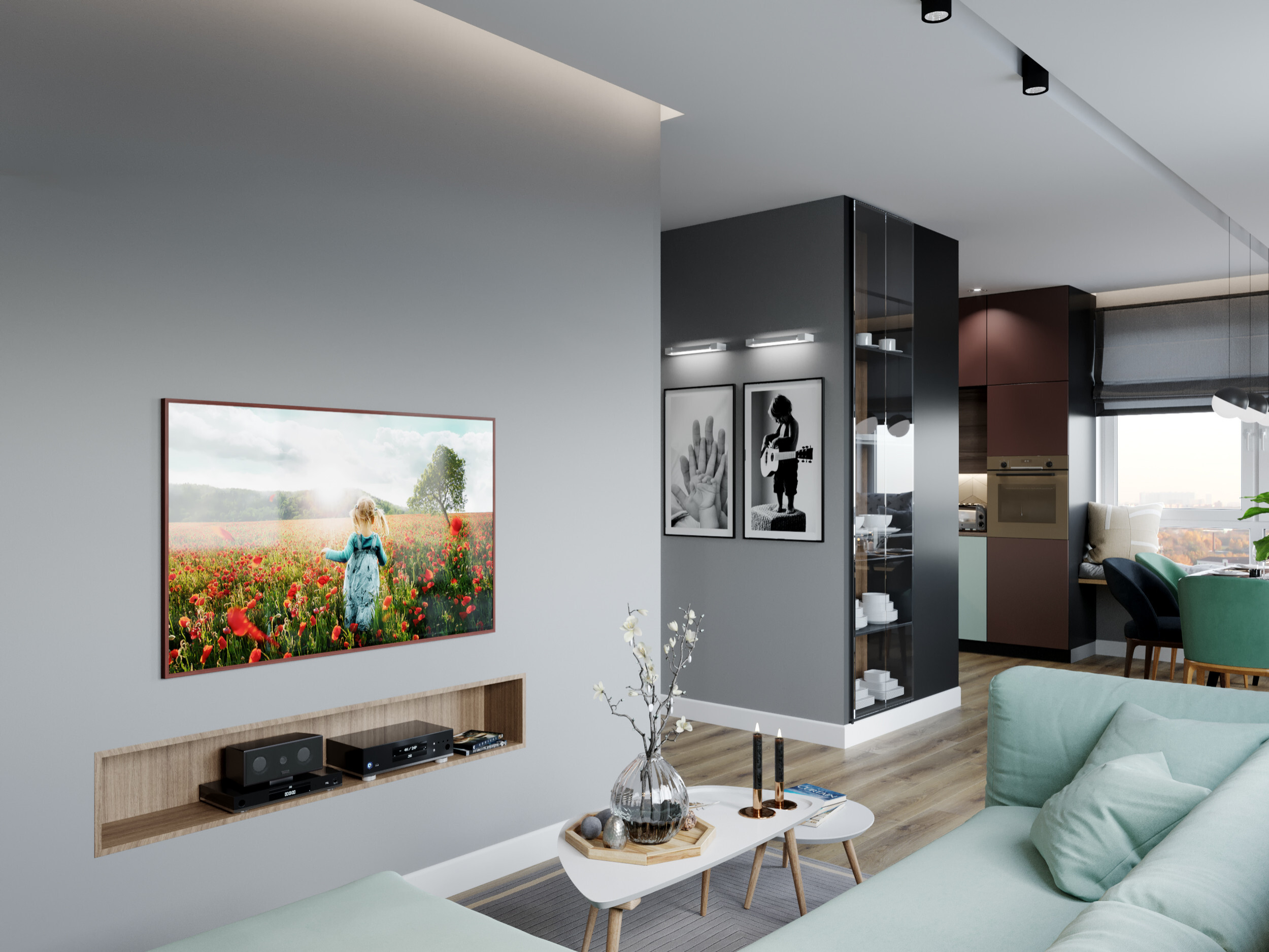 Интерьер гостиной cтеной с телевизором, телевизором на стене и керамогранитом на стену с телевизором в современном стиле