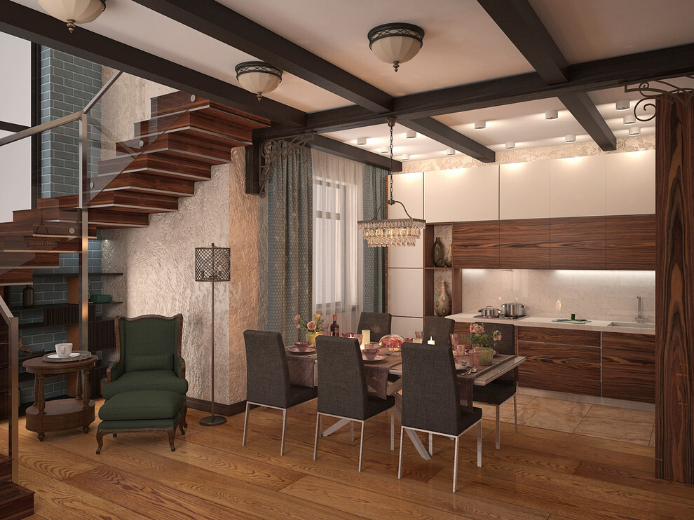Интерьер кухни с в деревянном доме в современном стиле
