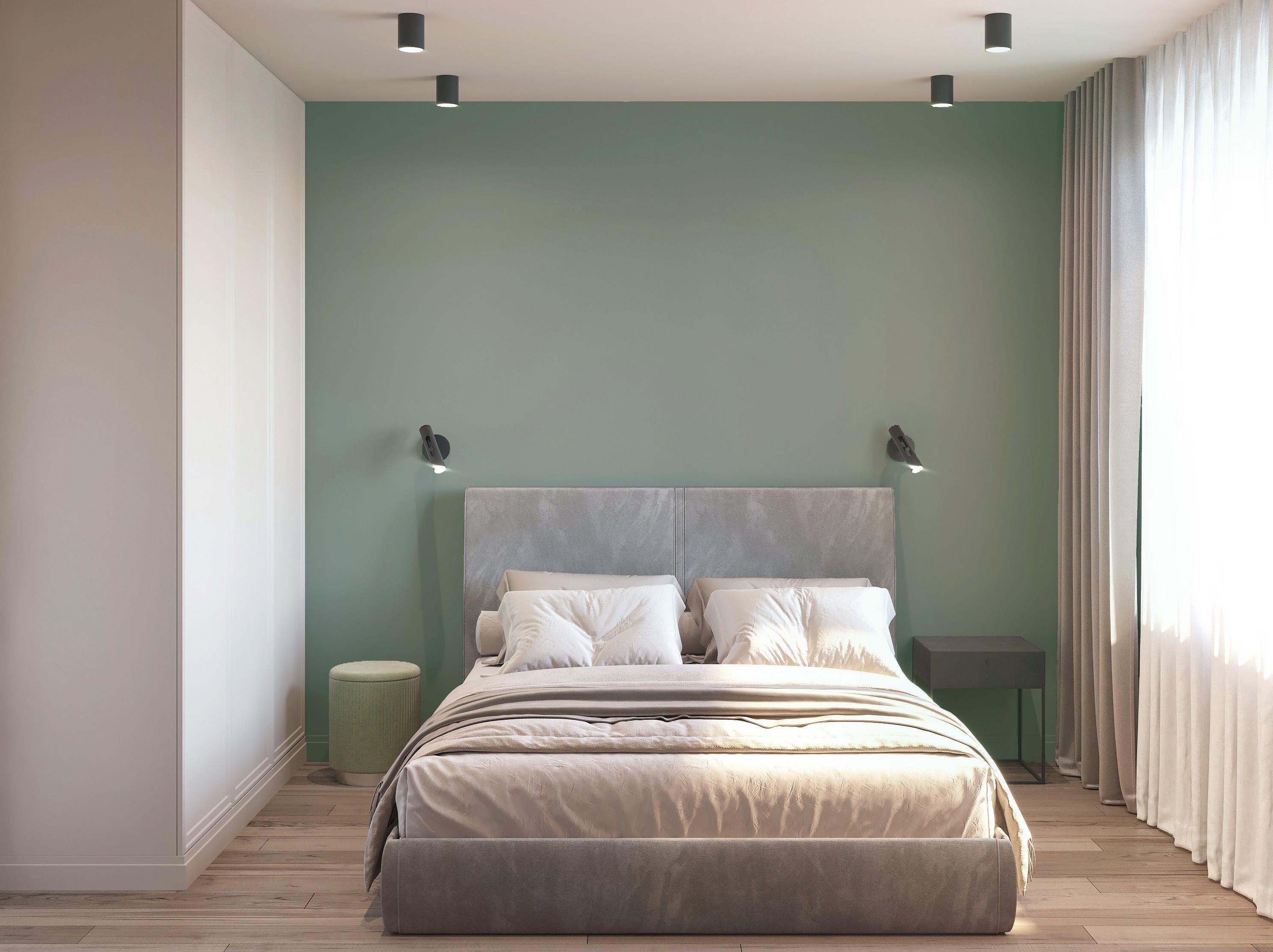 Интерьер спальни с рейками с подсветкой, подсветкой настенной и подсветкой светодиодной