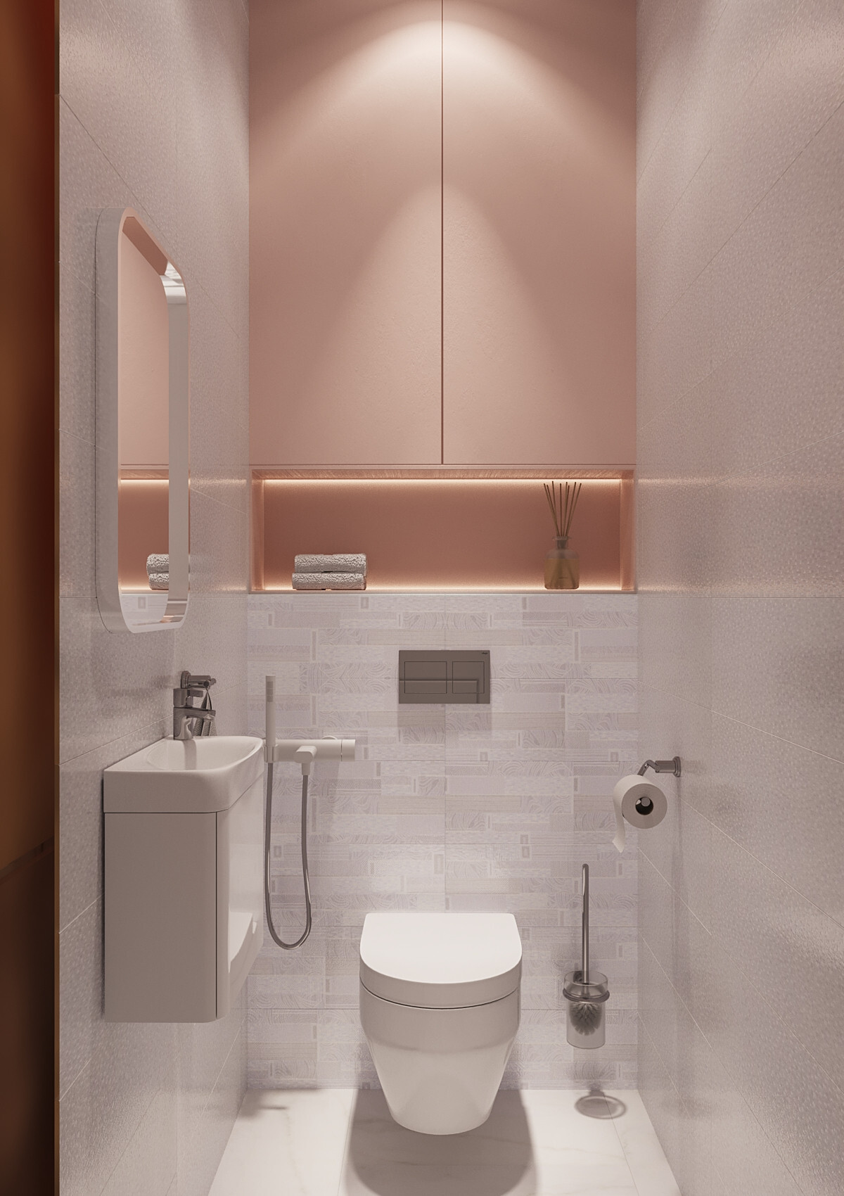 Интерьер ванной cовмещенным санузлом, подсветкой светодиодной и с подсветкой в современном стиле