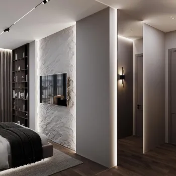 Интерьер спальни с нишей с подсветкой, световыми линиями, подсветкой настенной, подсветкой светодиодной, светильниками над кроватью и с подсветкой  смотреть на Basicdecor