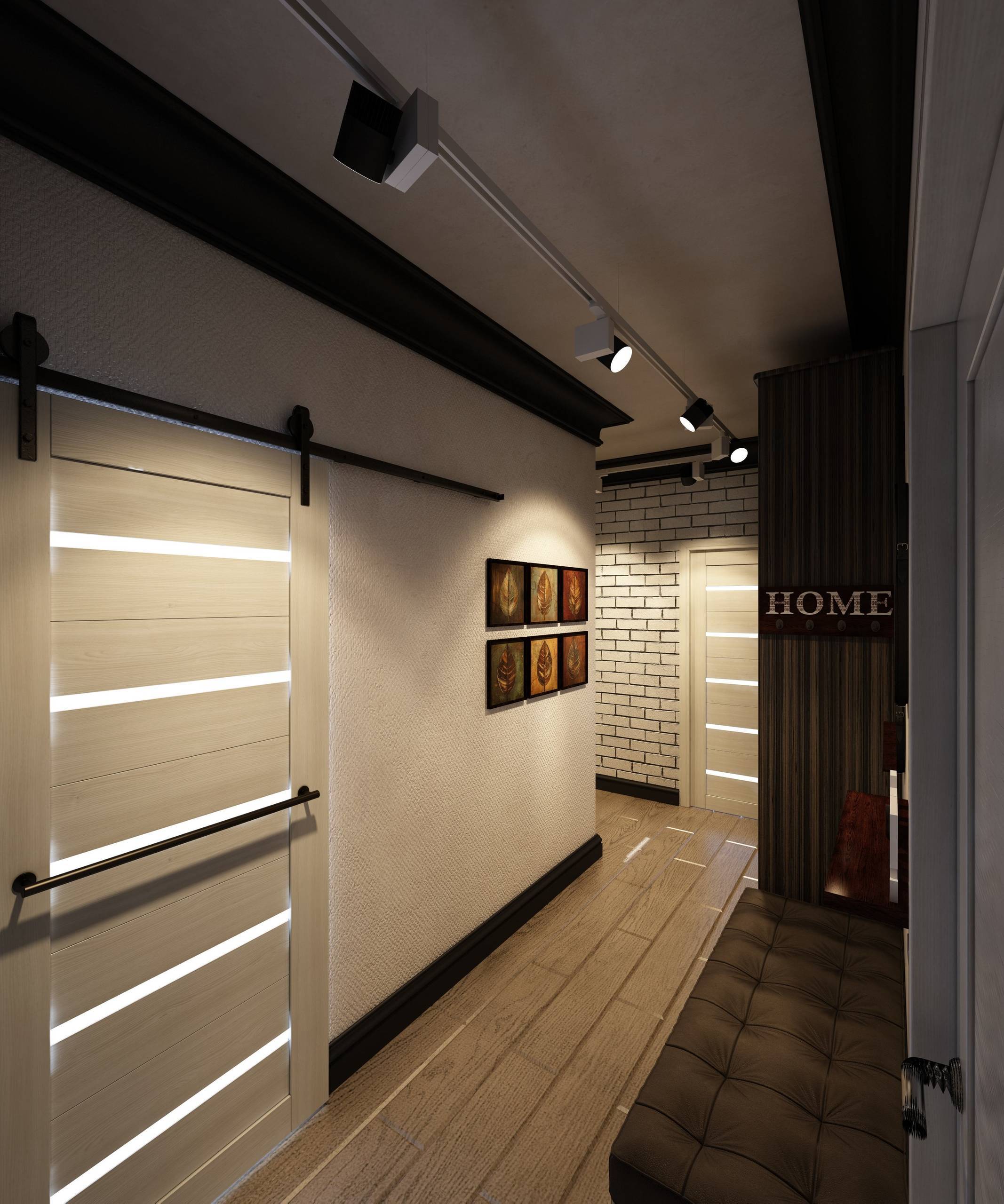 Интерьер коридора с рейками с подсветкой, подсветкой настенной и подсветкой светодиодной в стиле лофт
