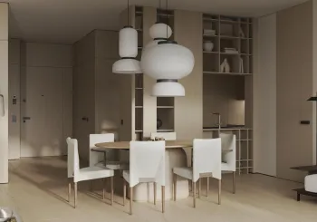 Интерьер столовой cветильниками над столом  смотреть на Basicdecor