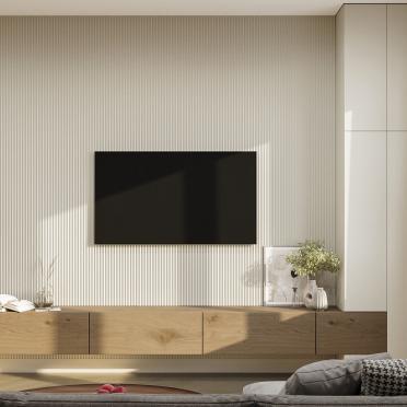 Интерьер гостиной cтеной с телевизором, телевизором на рейках, телевизором на стене и вертикальными жалюзи