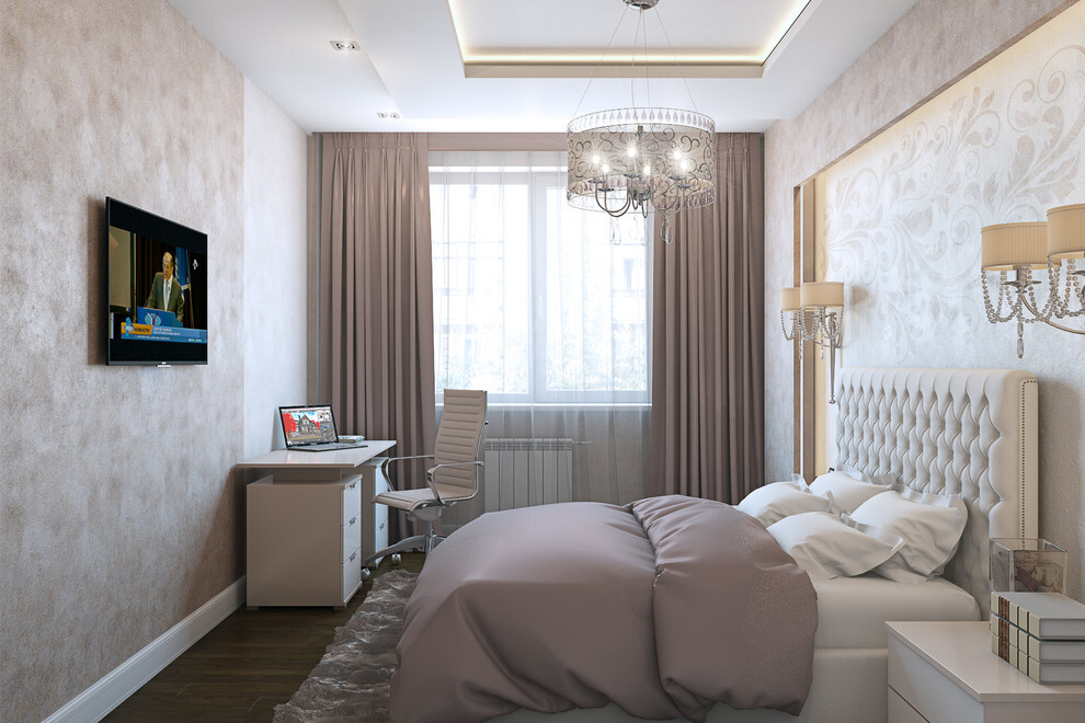 Интерьер спальни c рабочим местом, подсветкой настенной, подсветкой светодиодной и светильниками над кроватью в современном стиле