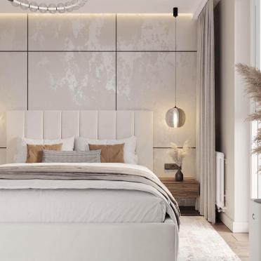 Интерьер спальни cветильниками над кроватью и с подсветкой  смотреть на Basicdecor