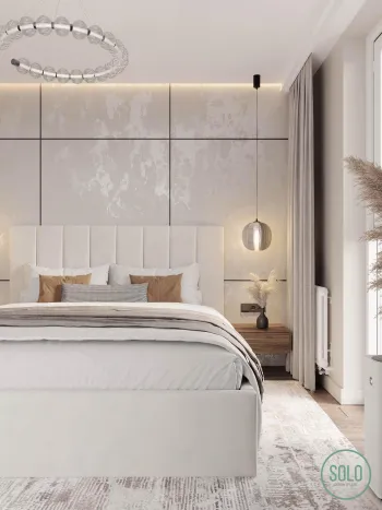 Интерьер спальни cветильниками над кроватью и с подсветкой  смотреть на Basicdecor