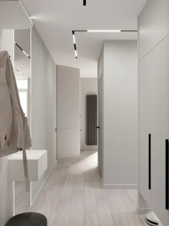 Интерьер прихожей с проходной и световыми линиями  смотреть на Basicdecor