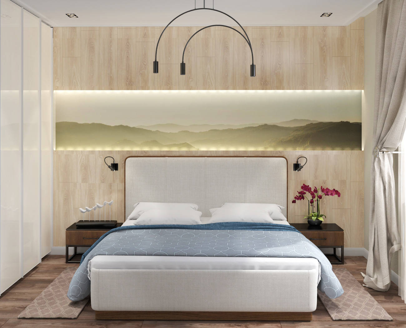 Интерьер спальни cветовыми линиями, бра над кроватью, подсветкой настенной и светильниками над кроватью в современном стиле