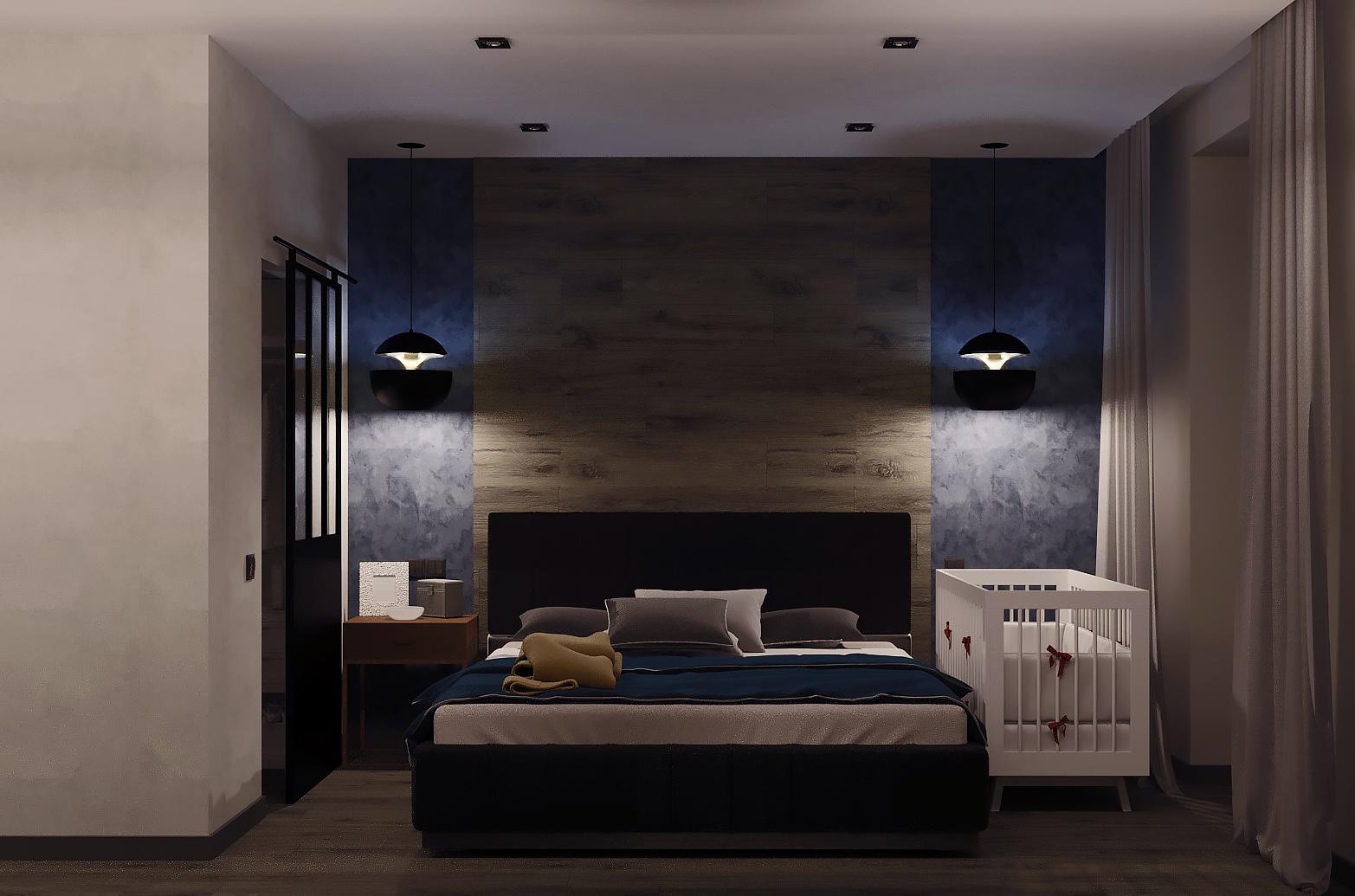 Интерьер спальни с подсветкой настенной, подсветкой светодиодной и светильниками над кроватью
