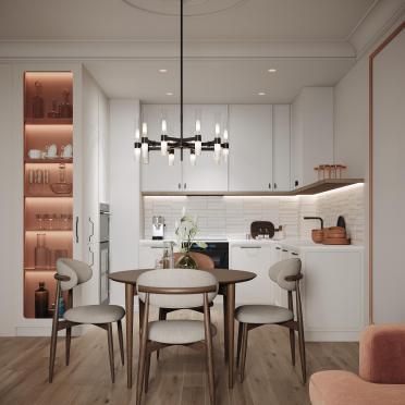 Интерьер кухни cветильниками над столом  смотреть на Basicdecor