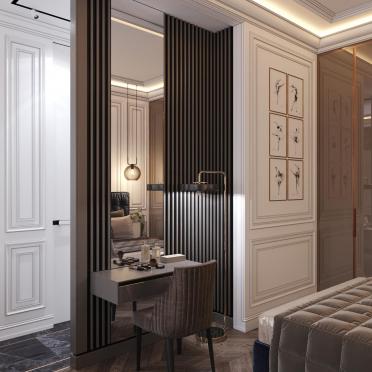 Интерьер спальни с проходной и зонированием рейками  смотреть на Basicdecor