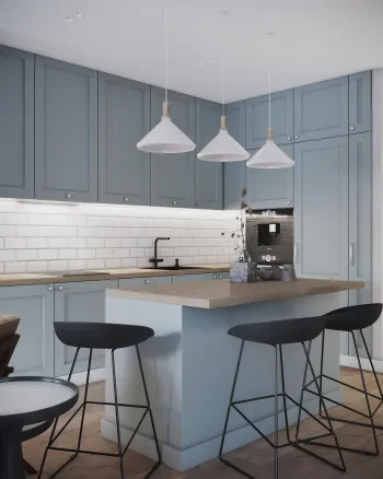Интерьер кухни cветильниками над столом  смотреть на Basicdecor