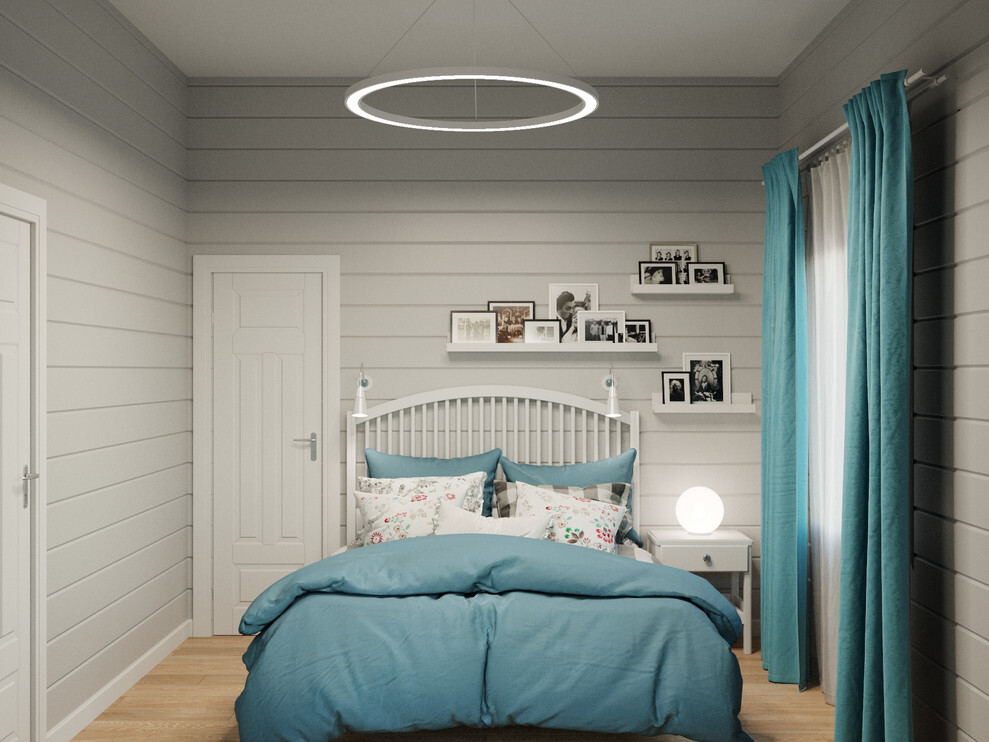 Интерьер детской с рейками с подсветкой, подсветкой светодиодной и светильниками над кроватью в скандинавском стиле