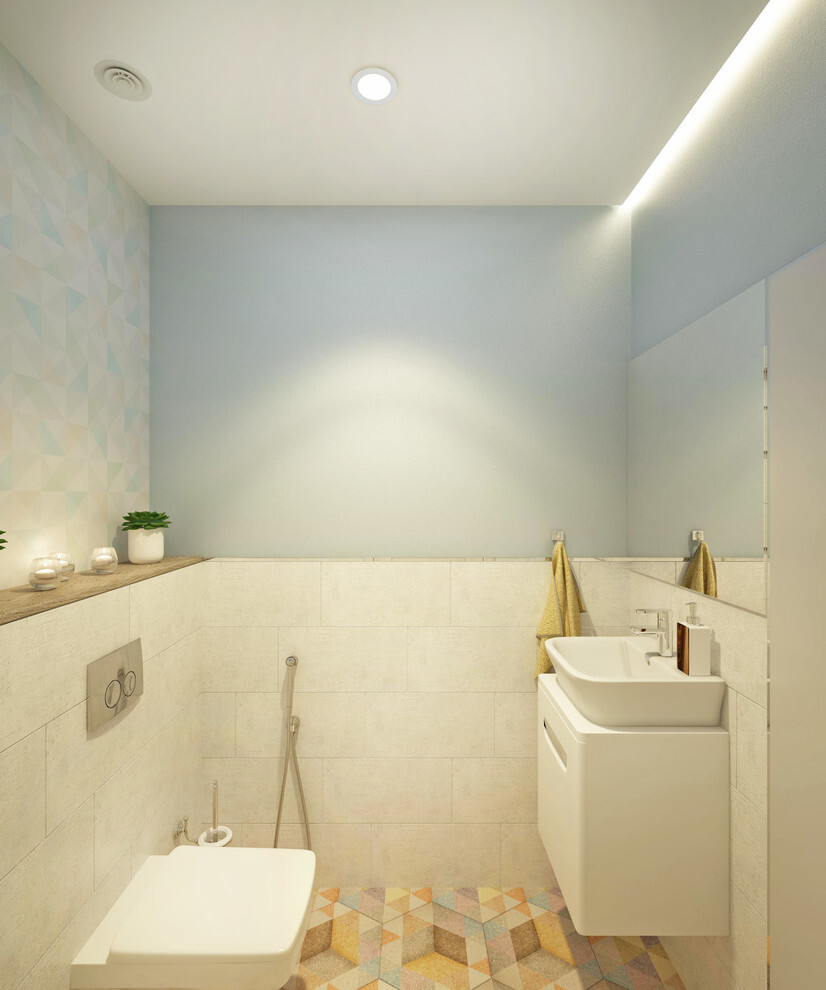 Интерьер ванной cветовыми линиями, рейками с подсветкой, подсветкой настенной, подсветкой светодиодной и с подсветкой в скандинавском стиле