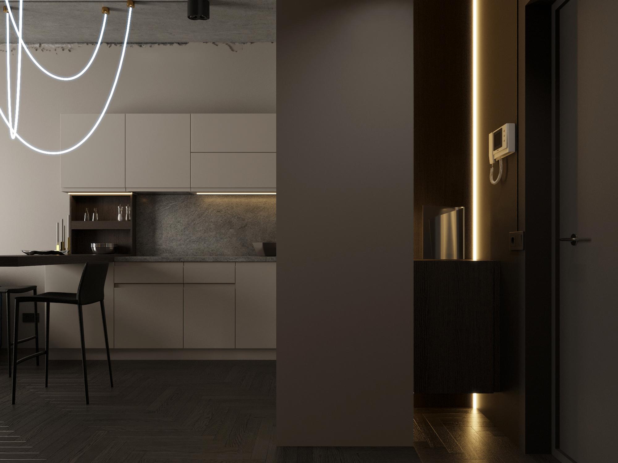 Интерьер кухни с рейками с подсветкой, подсветкой настенной, подсветкой светодиодной и с подсветкой