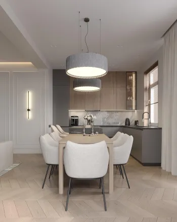 Интерьер кухни cветильниками над столом  смотреть на Basicdecor