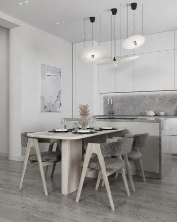 Интерьер кухни cветильниками над столом  смотреть на Basicdecor