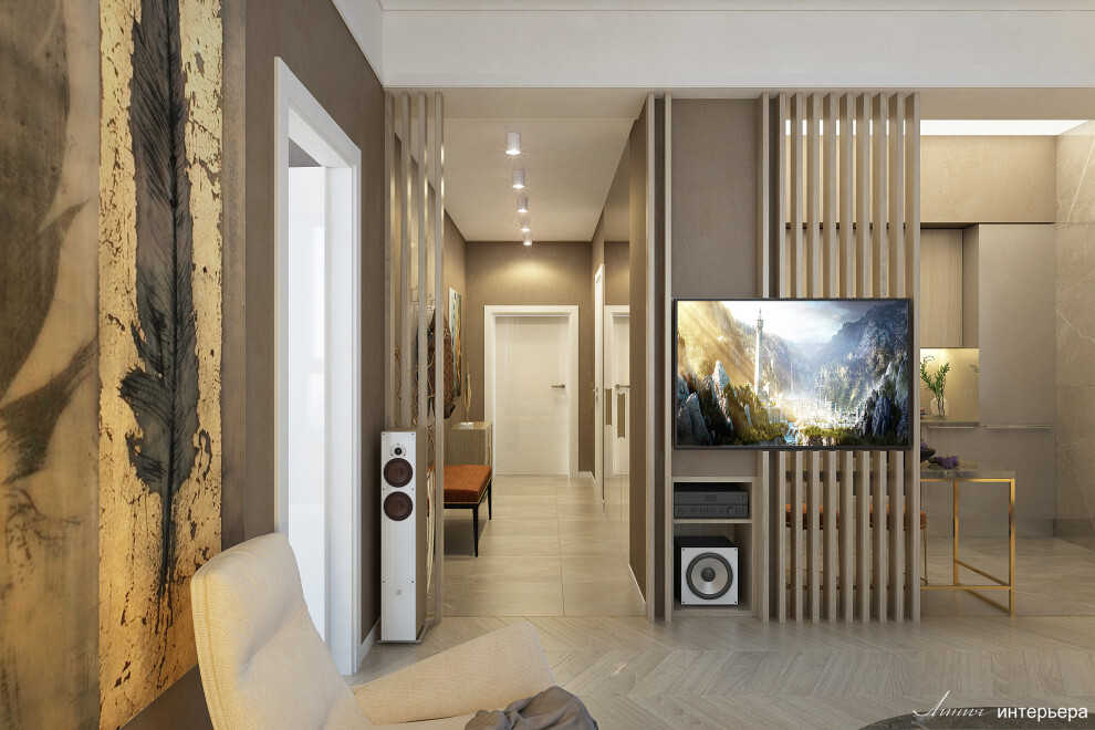 Интерьер с панно за телевизором, стеной с телевизором, телевизором на рейках, телевизором на стене и вертикальными жалюзи в современном стиле