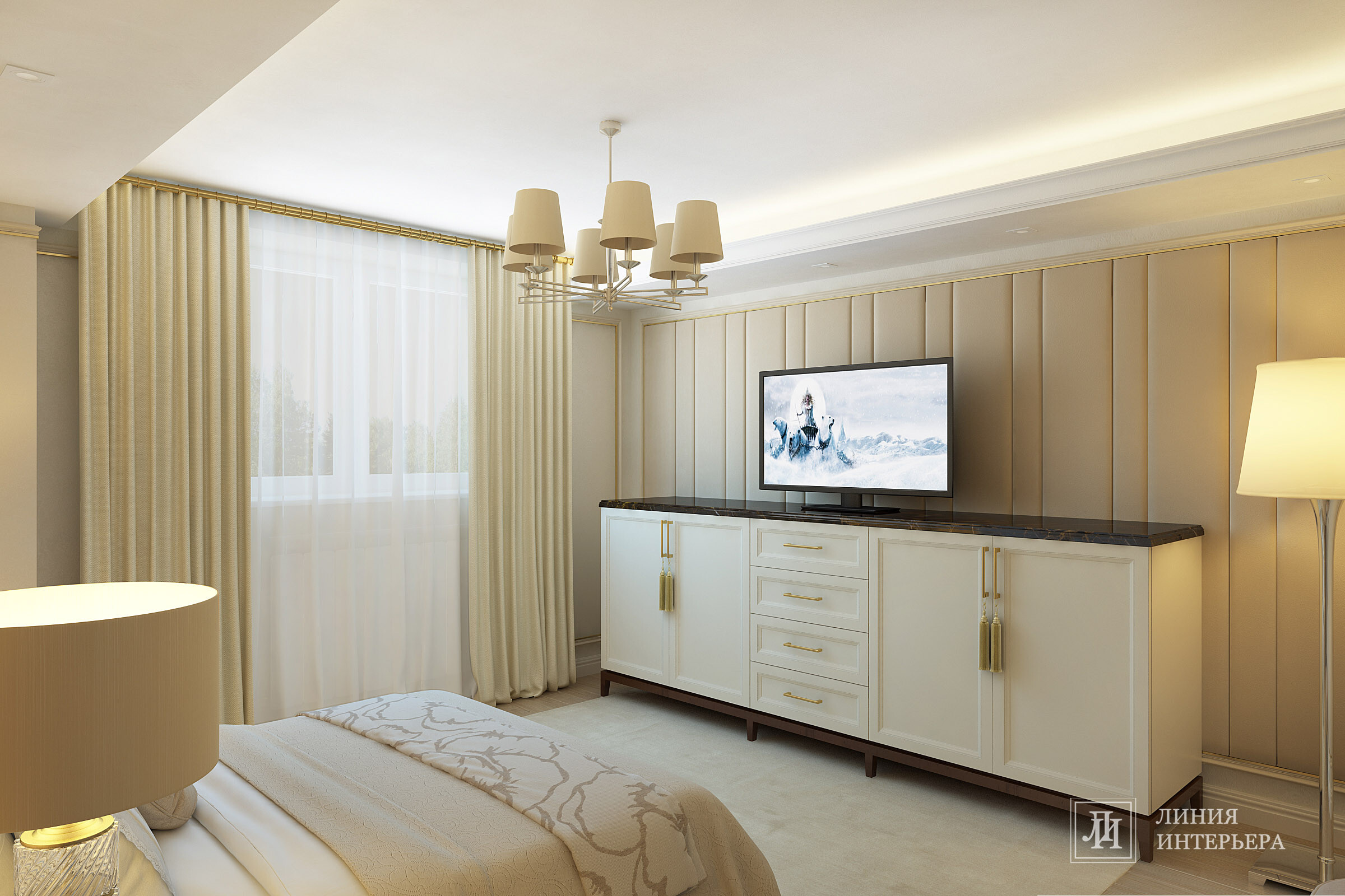 Интерьер спальни с панно за телевизором, подсветкой настенной, подсветкой светодиодной и светильниками над кроватью в неоклассике