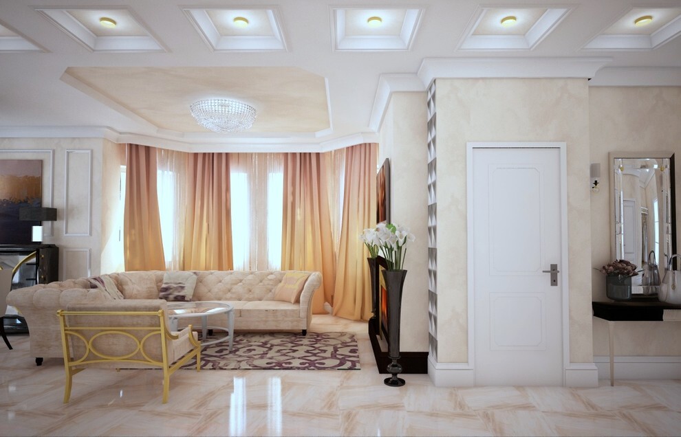 Интерьер гостиной с без дверей, проходной, аркой и проемом в неоклассике, в классическом стиле, в восточном стиле и ампире