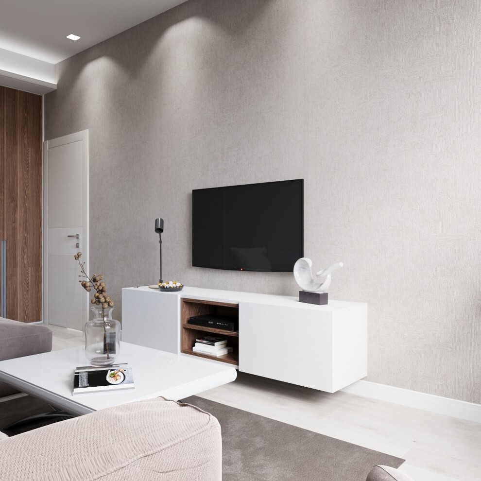 Интерьер гостиной cтеной с телевизором, телевизором на стене, керамогранитом на стену с телевизором и подсветкой настенной в современном стиле