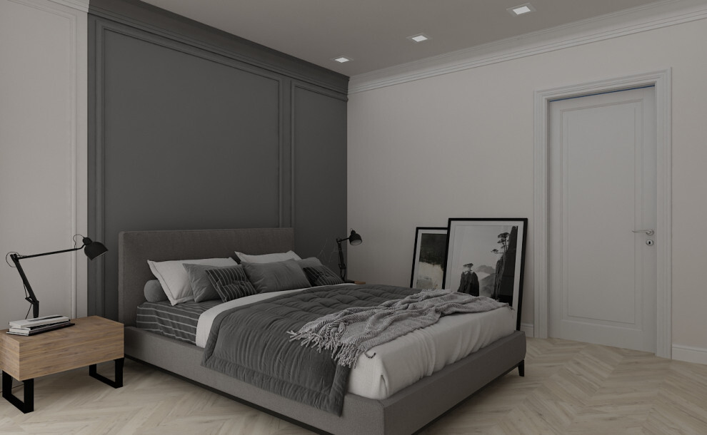 Интерьер спальни с рейками с подсветкой, подсветкой настенной, подсветкой светодиодной и светильниками над кроватью в скандинавском стиле