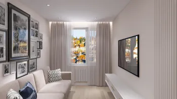 Интерьер гостиной с зонированием шторами и балконом  смотреть на Basicdecor