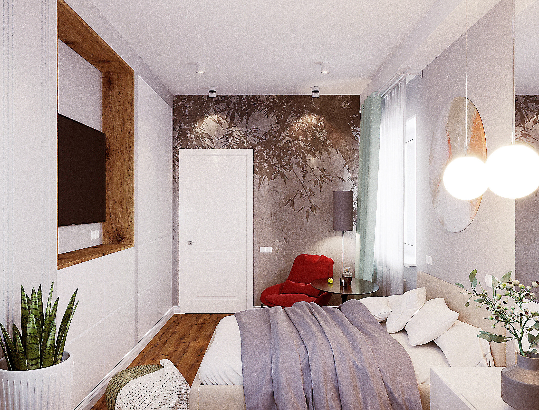 Интерьер спальни с зонированием, проходной, кроватью у двери и светильниками над кроватью в стиле лофт и эко