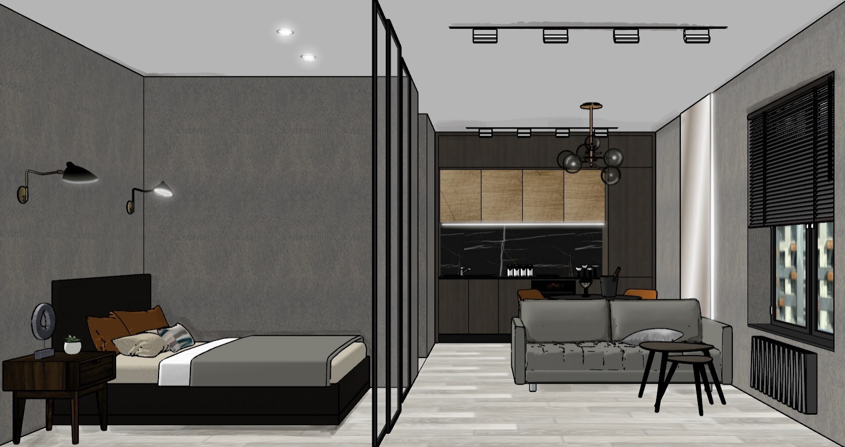 Интерьер гостиной с зонированием, проходной, световыми линиями и переговорной в стиле лофт