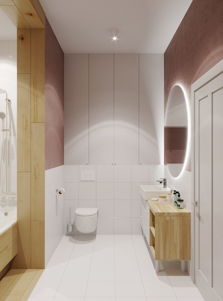 Интерьер ванной с подсветкой настенной и подсветкой светодиодной в современном стиле
