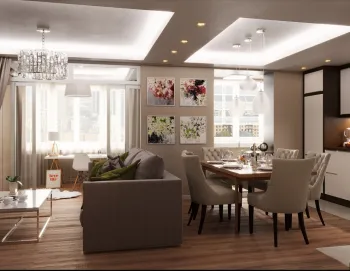 Интерьер с объединенной гостиной и проходной  смотреть на Basicdecor