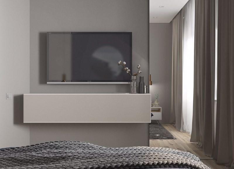 Интерьер спальни с панно за телевизором, стеной с телевизором, телевизором на рейках, телевизором на стене, нишей для телевизора и керамогранитом на стену с телевизором