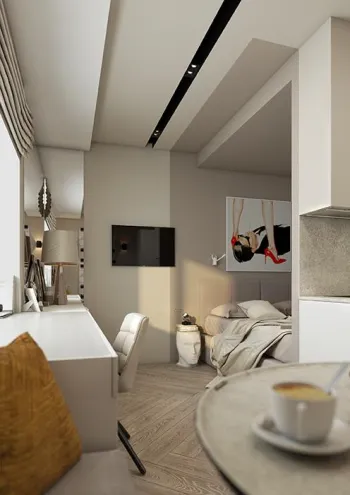 Интерьер спальни c рабочим местом, зонированием, проходной и без окна  смотреть на Basicdecor