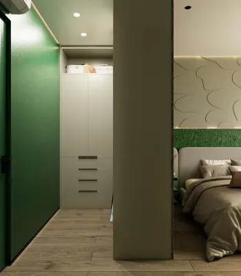 Интерьер спальни с нишей и проходной  смотреть на Basicdecor