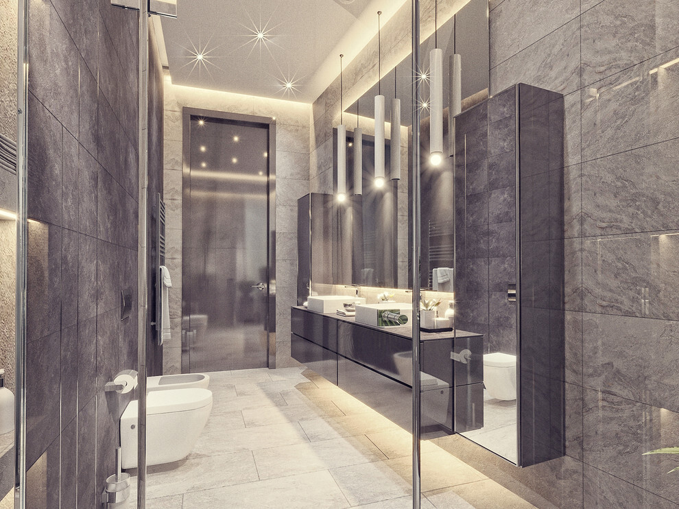 Интерьер ванной с зеркалом на двери в современном стиле и в стиле лофт