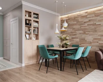 Интерьер гостиной c обеденной зоной и светильниками над столом  смотреть на Basicdecor