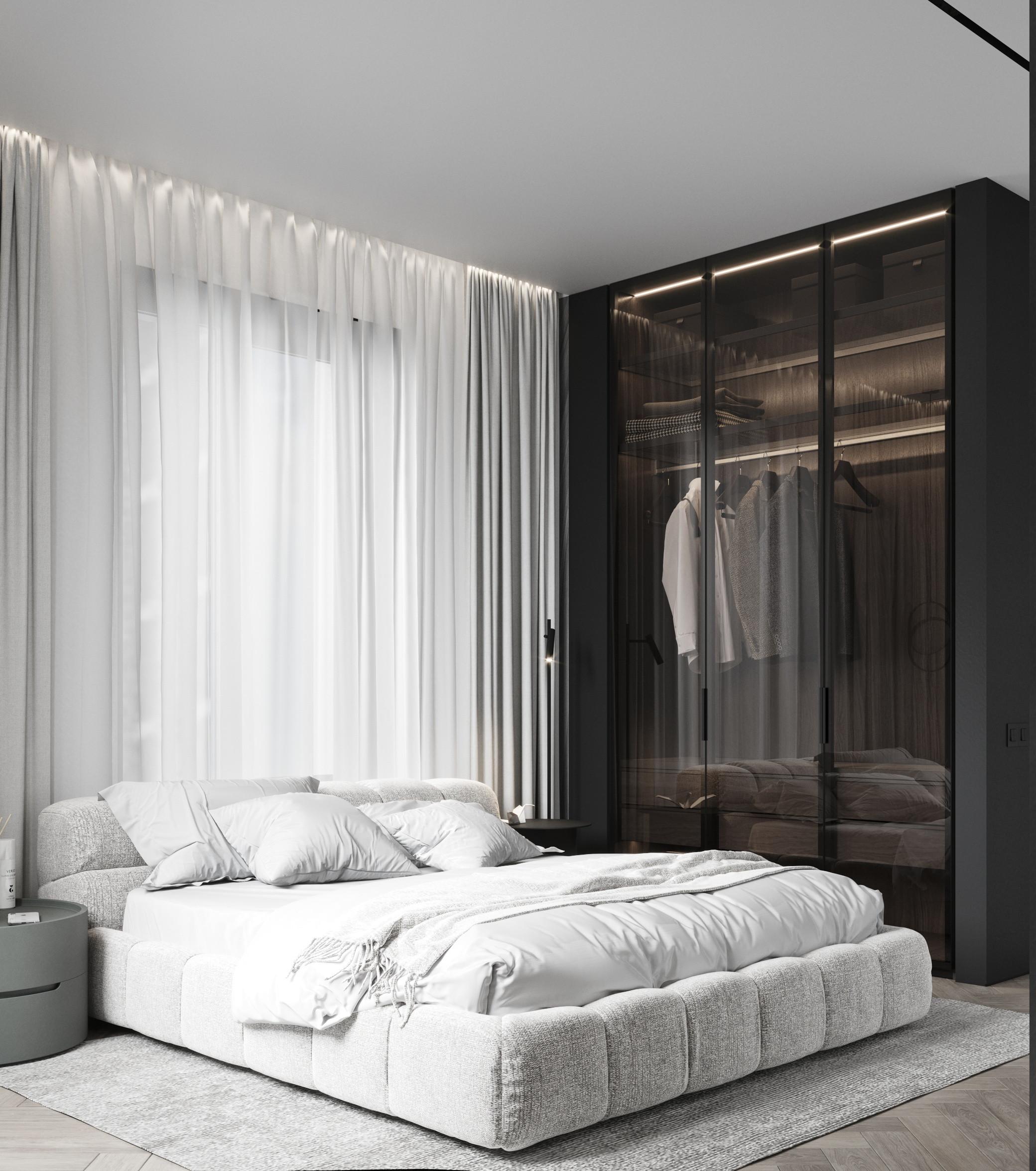 Интерьер спальни с гардеробной со шторой, шкафом над кроватью, шкафом напротив кровати и шкафом у кровати в современном стиле, в стиле лофт и джапанди