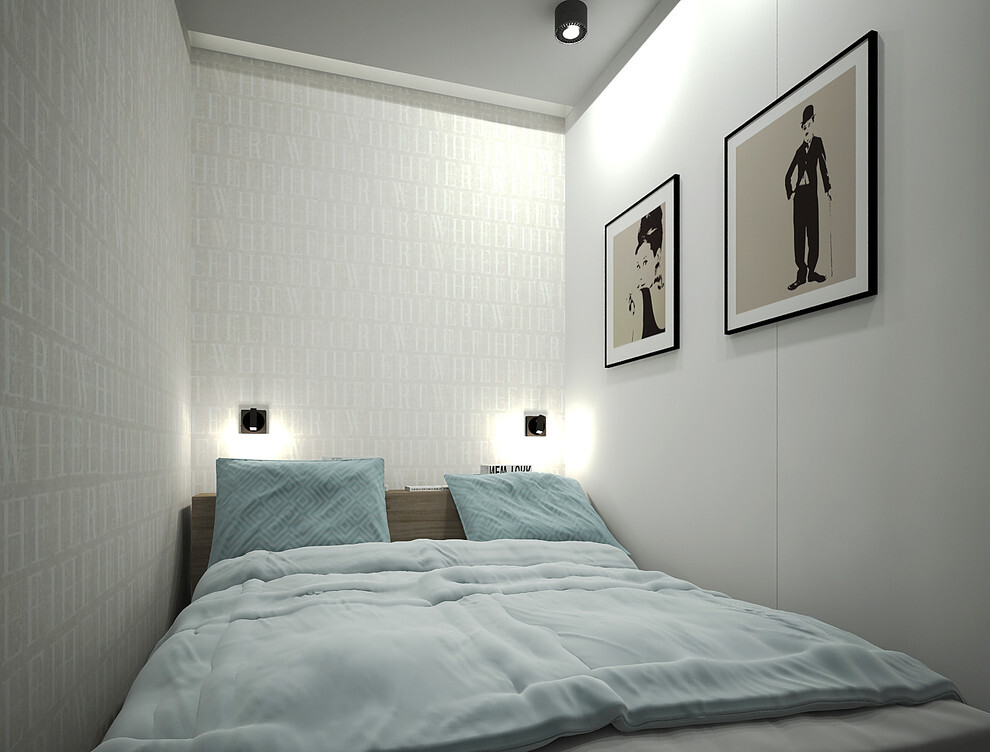 Интерьер спальни с подсветкой настенной, подсветкой светодиодной и светильниками над кроватью в скандинавском стиле